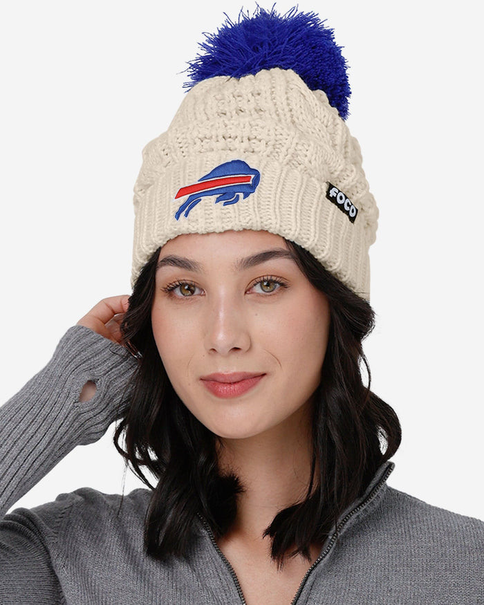 Buffalo Bills Womens Primary Logo White Cable Knit Pom Beanie FOCO - FOCO.com