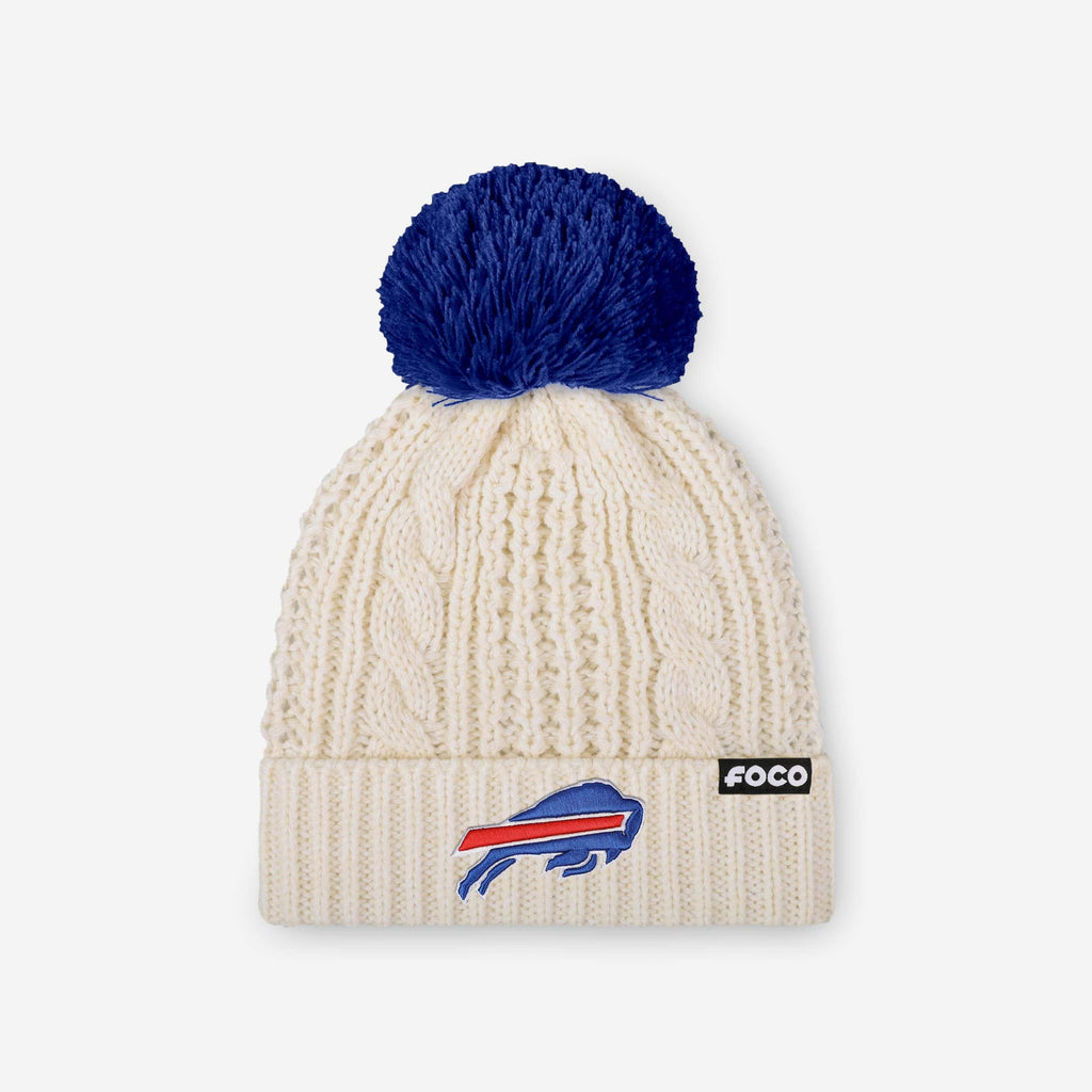 Buffalo Bills Womens Primary Logo White Cable Knit Pom Beanie FOCO - FOCO.com