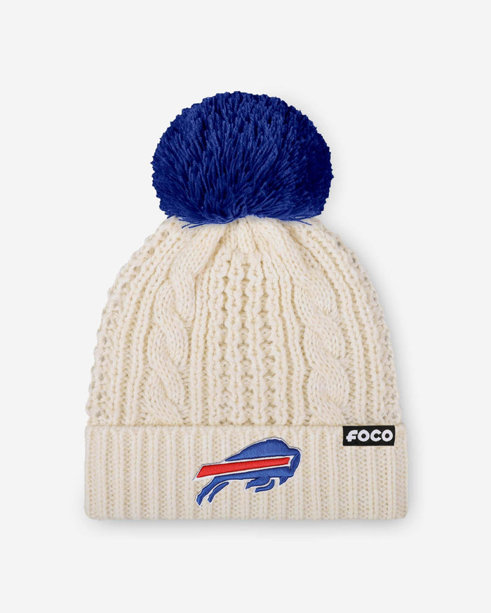 Buffalo Bills Womens Primary Logo White Cable Knit Pom Beanie FOCO - FOCO.com