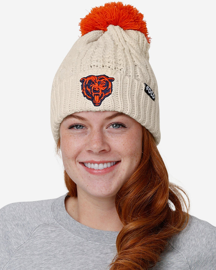 Chicago Bears Womens Primary Logo White Cable Knit Pom Beanie FOCO - FOCO.com