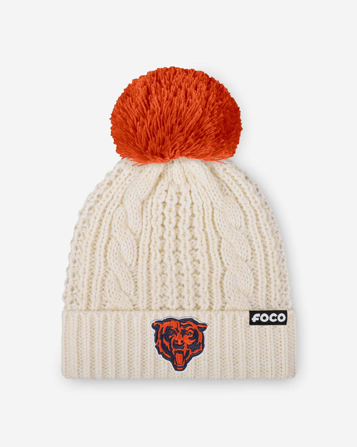 Chicago Bears Womens Primary Logo White Cable Knit Pom Beanie FOCO - FOCO.com