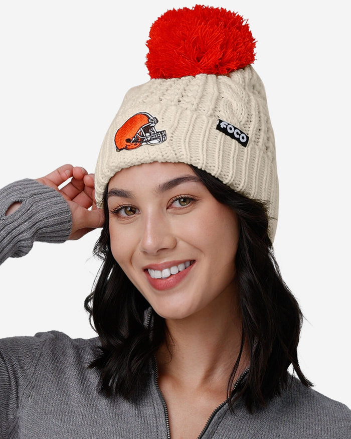 Cleveland Browns Womens Primary Logo White Cable Knit Pom Beanie FOCO - FOCO.com