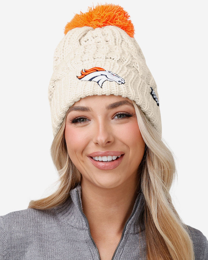 Denver Broncos Womens Primary Logo White Cable Knit Pom Beanie FOCO - FOCO.com