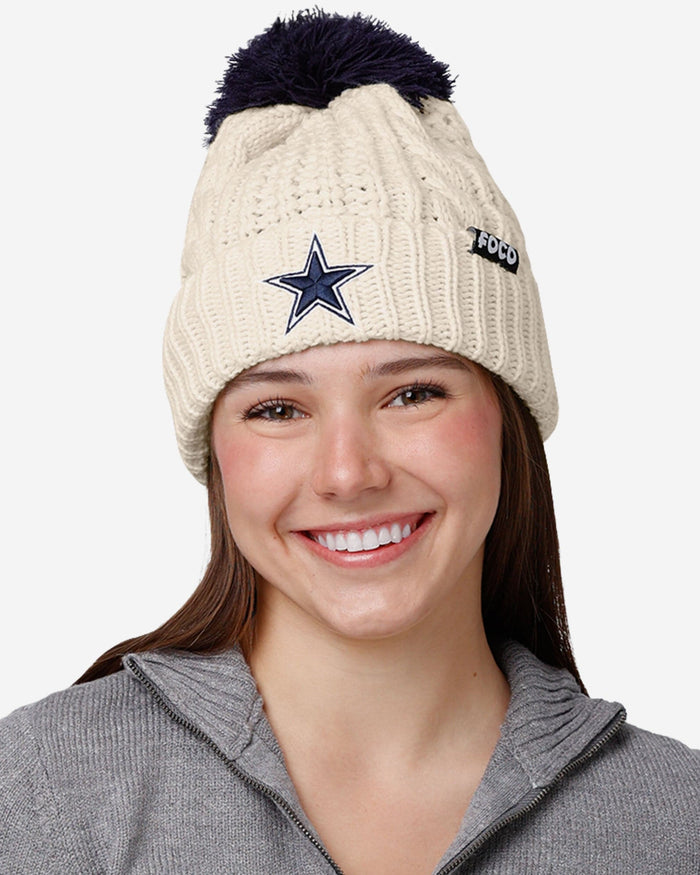 Dallas Cowboys Womens Primary Logo White Cable Knit Pom Beanie FOCO - FOCO.com