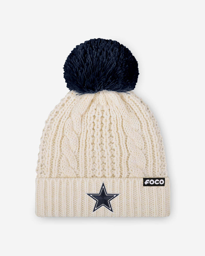 Dallas Cowboys Womens Primary Logo White Cable Knit Pom Beanie FOCO - FOCO.com