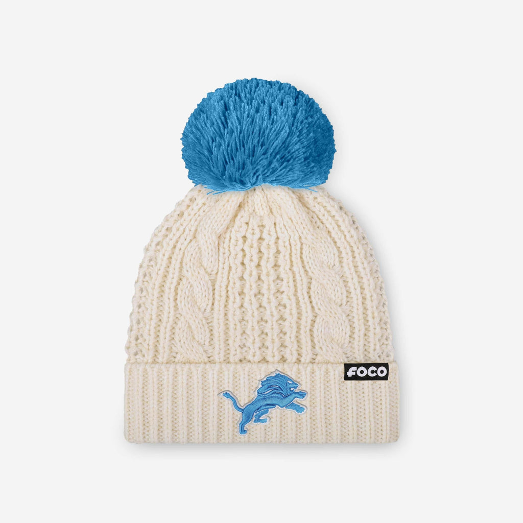 Detroit Lions Womens Primary Logo White Cable Knit Pom Beanie FOCO - FOCO.com