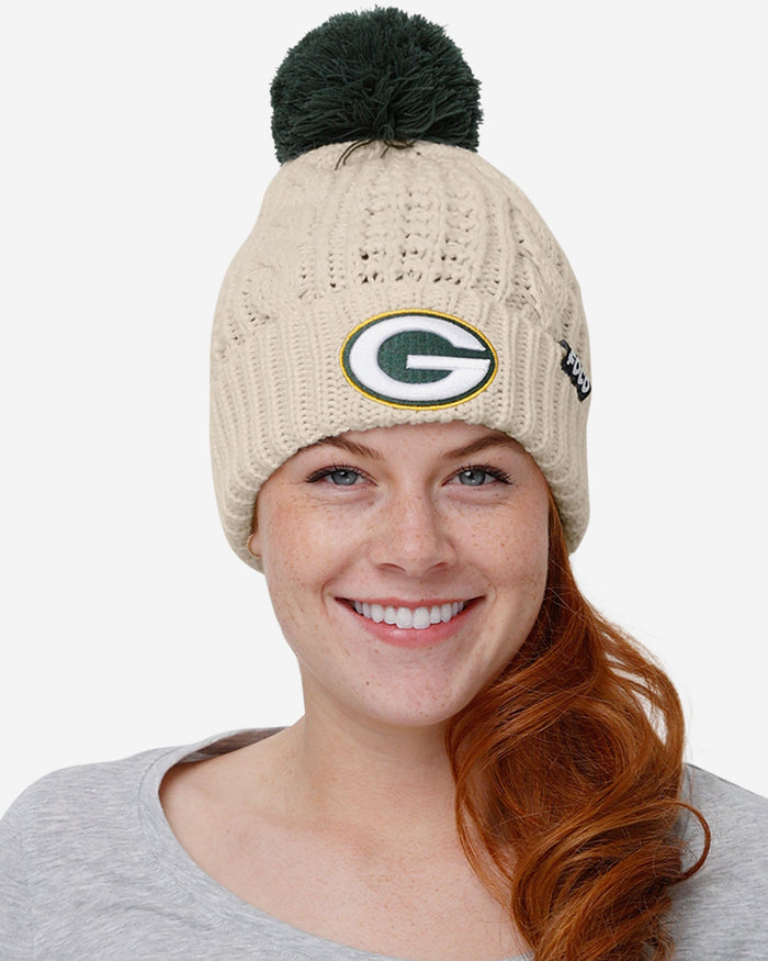 Green Bay Packers Womens Primary Logo White Cable Knit Pom Beanie FOCO - FOCO.com