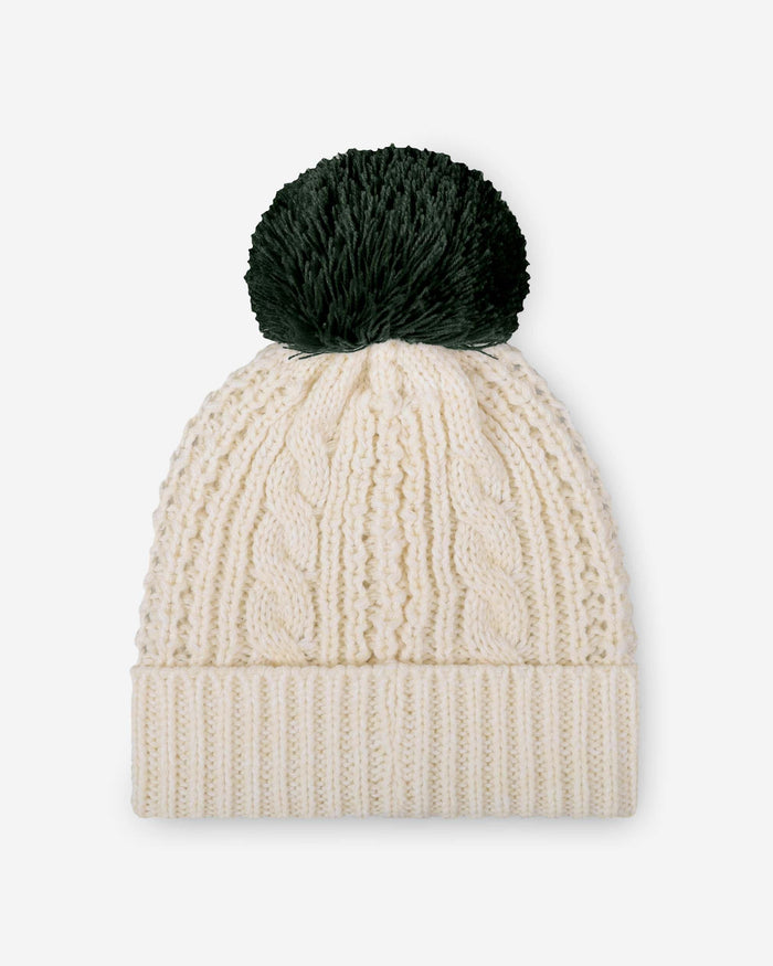 Green Bay Packers Womens Primary Logo White Cable Knit Pom Beanie FOCO - FOCO.com