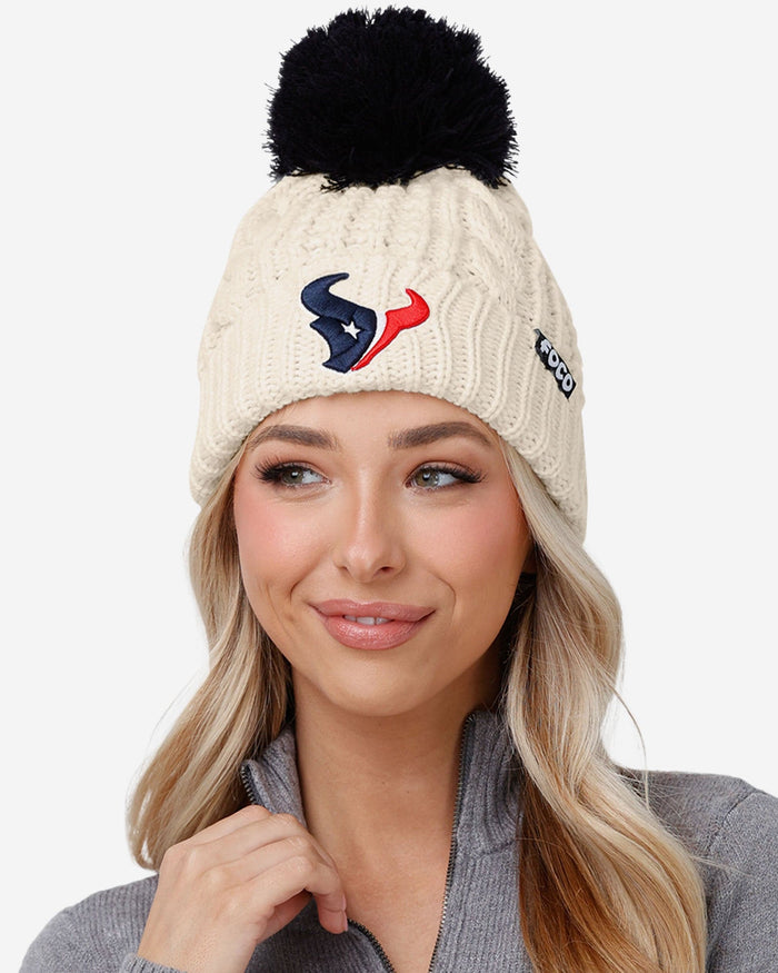 Houston Texans Womens Primary Logo White Cable Knit Pom Beanie FOCO - FOCO.com