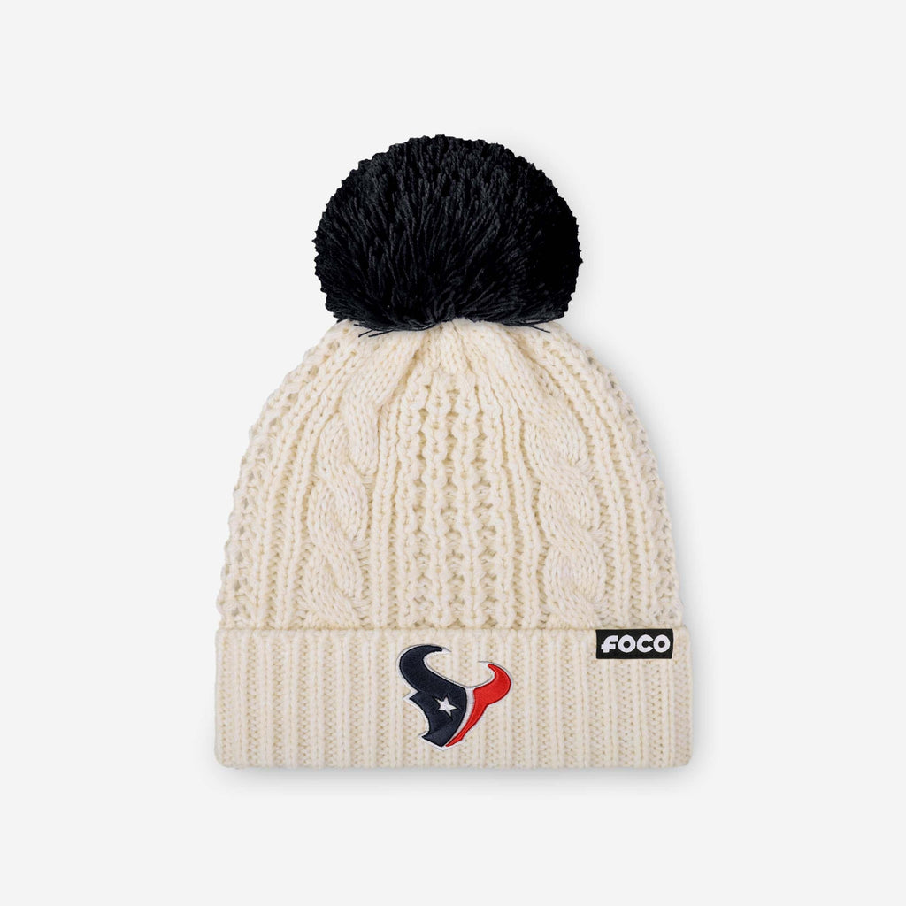 Houston Texans Womens Primary Logo White Cable Knit Pom Beanie FOCO - FOCO.com