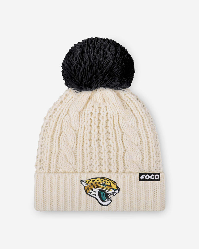 Jacksonville Jaguars Womens Primary Logo White Cable Knit Pom Beanie FOCO - FOCO.com