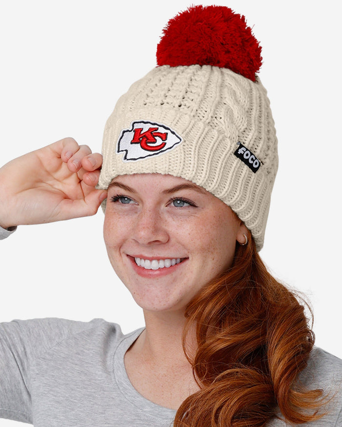 Kansas City Chiefs Womens Primary Logo White Cable Knit Pom Beanie FOCO - FOCO.com