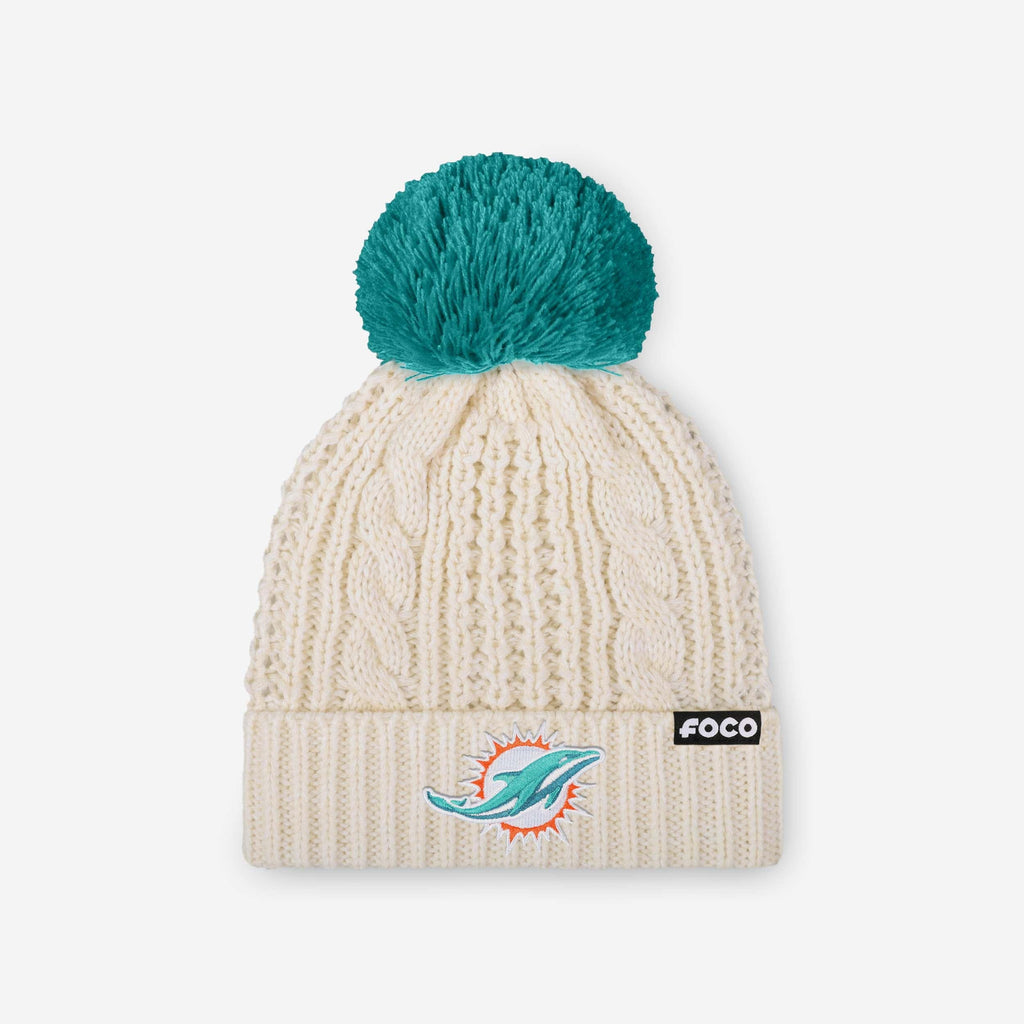 Miami Dolphins Womens Primary Logo White Cable Knit Pom Beanie FOCO - FOCO.com