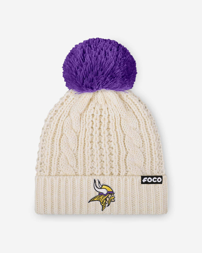 Minnesota Vikings Womens Primary Logo White Cable Knit Pom Beanie FOCO - FOCO.com