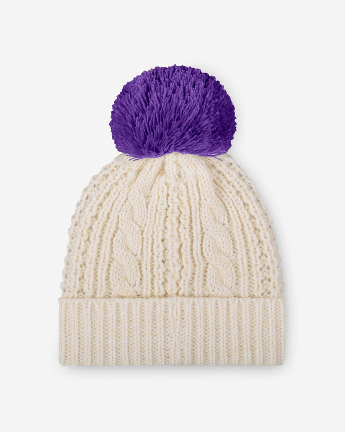 Minnesota Vikings Womens Primary Logo White Cable Knit Pom Beanie FOCO - FOCO.com