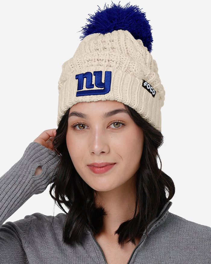 New York Giants Womens Primary Logo White Cable Knit Pom Beanie FOCO - FOCO.com