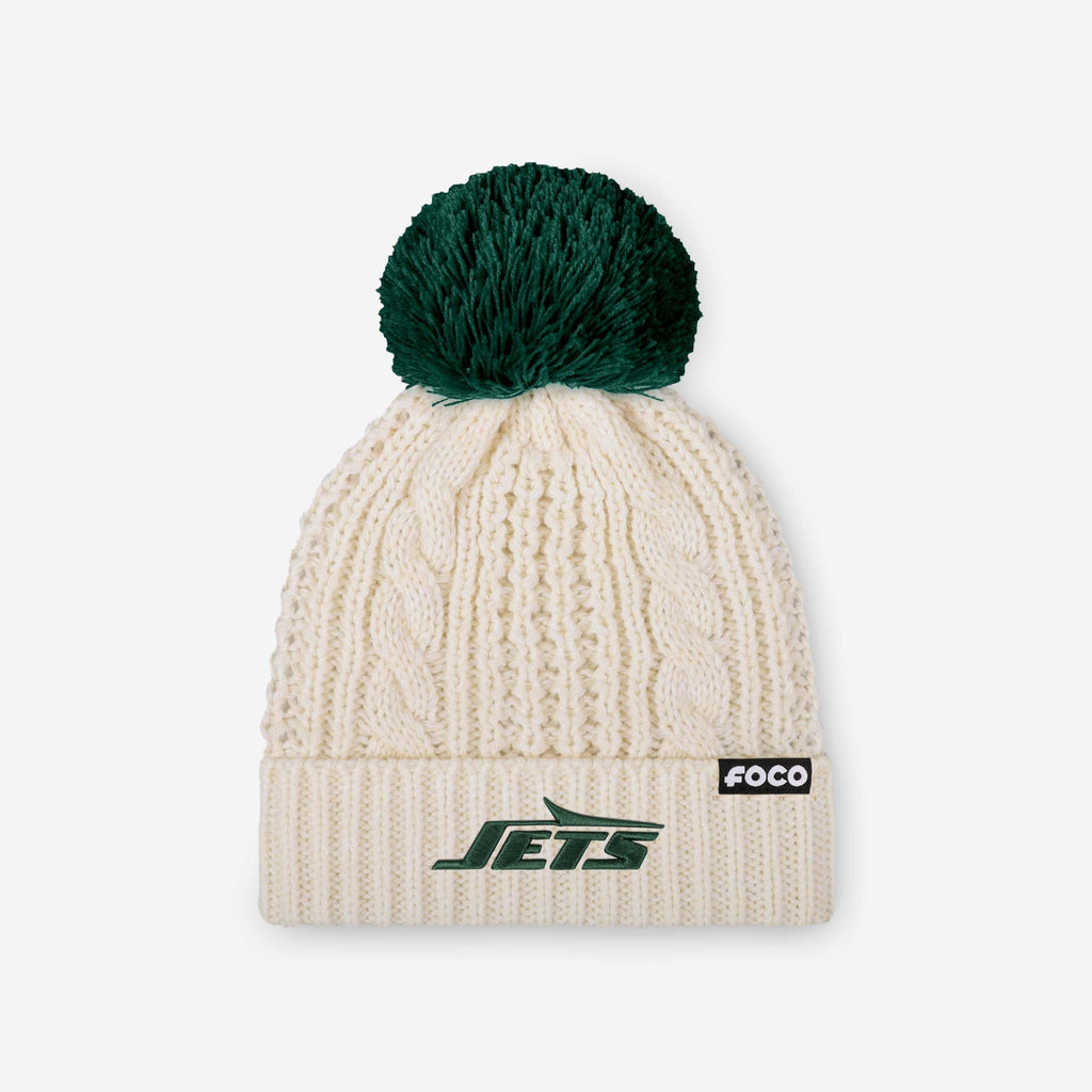 New York Jets Womens Primary Logo White Cable Knit Pom Beanie FOCO - FOCO.com