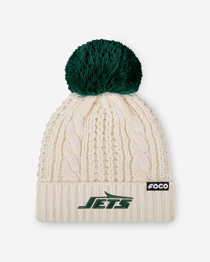 New York Jets Womens Primary Logo White Cable Knit Pom Beanie FOCO - FOCO.com