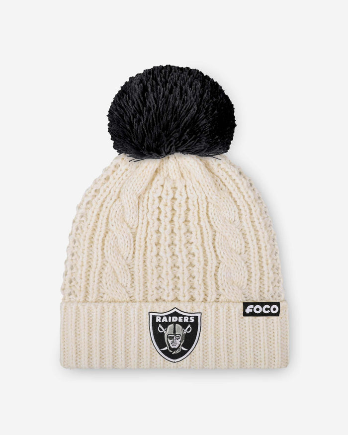 Las Vegas Raiders Womens Primary Logo White Cable Knit Pom Beanie FOCO - FOCO.com