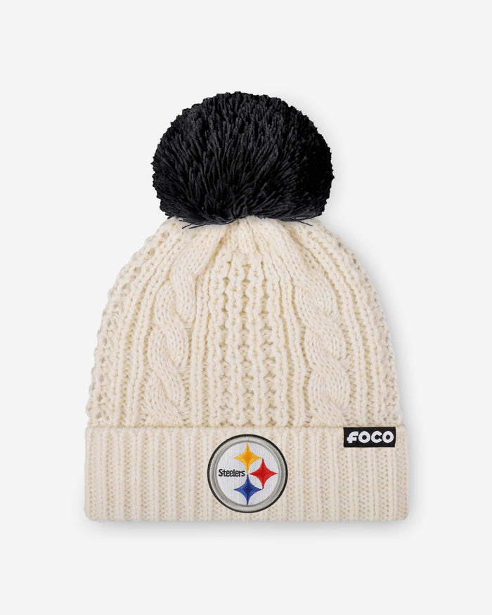 Pittsburgh Steelers Womens Primary Logo White Cable Knit Pom Beanie FOCO - FOCO.com