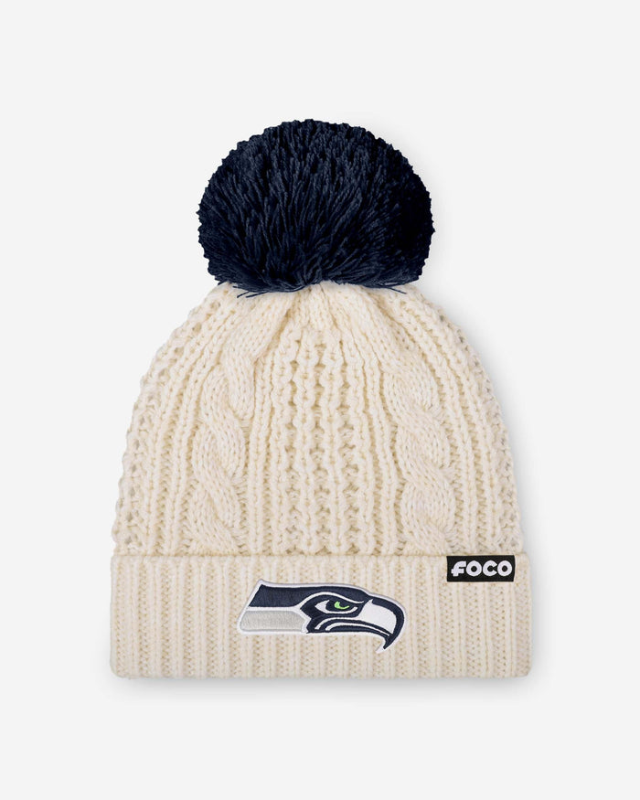 Seattle Seahawks Womens Primary Logo White Cable Knit Pom Beanie FOCO - FOCO.com