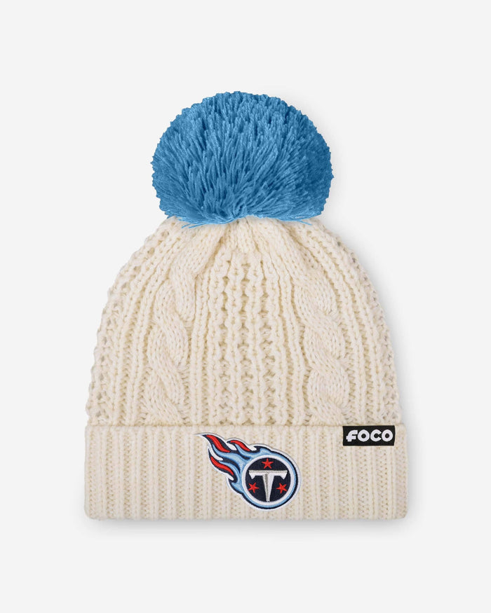 Tennessee Titans Womens Primary Logo White Cable Knit Pom Beanie FOCO - FOCO.com