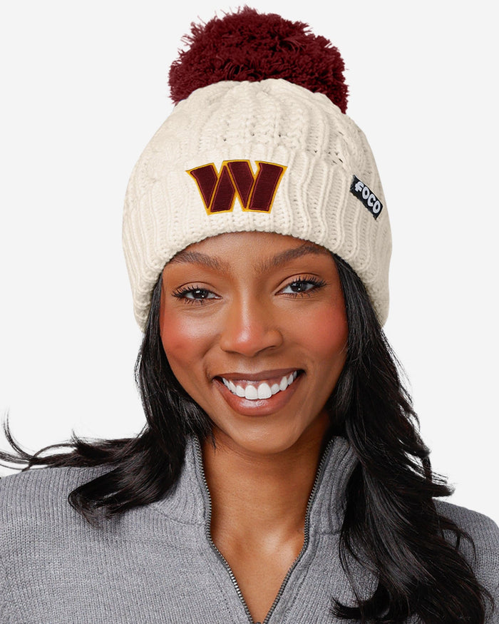 Washington Commanders Womens Primary Logo White Cable Knit Pom Beanie FOCO - FOCO.com