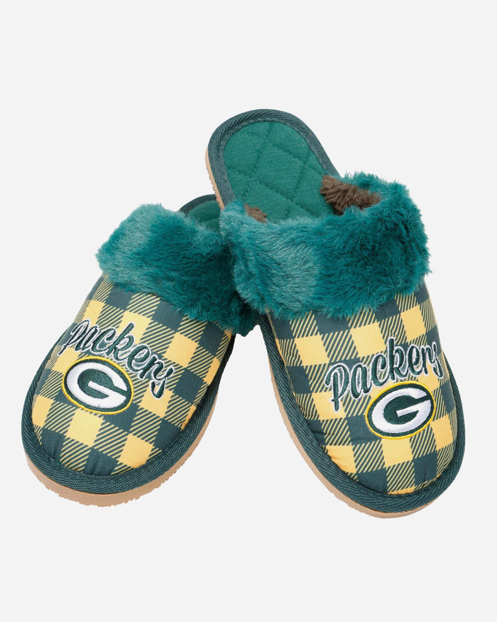 Green Bay Packers Womens Plaid Sherpa Mule Slipper FOCO - FOCO.com