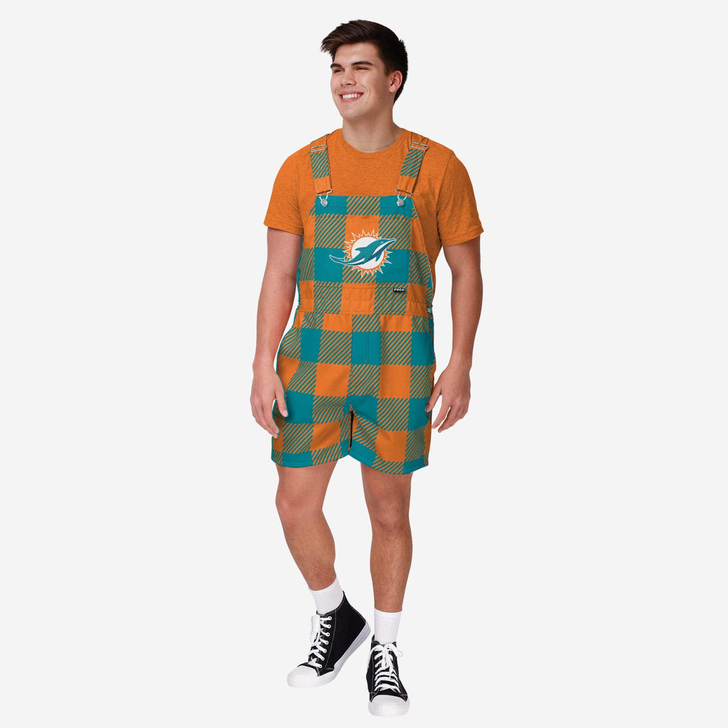 Miami Dolphins Mens Plaid Bib Shortalls FOCO S - FOCO.com