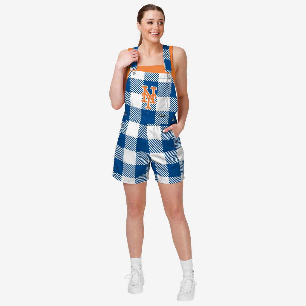 New York Mets Womens Plaid Bib Shortalls FOCO XS - FOCO.com