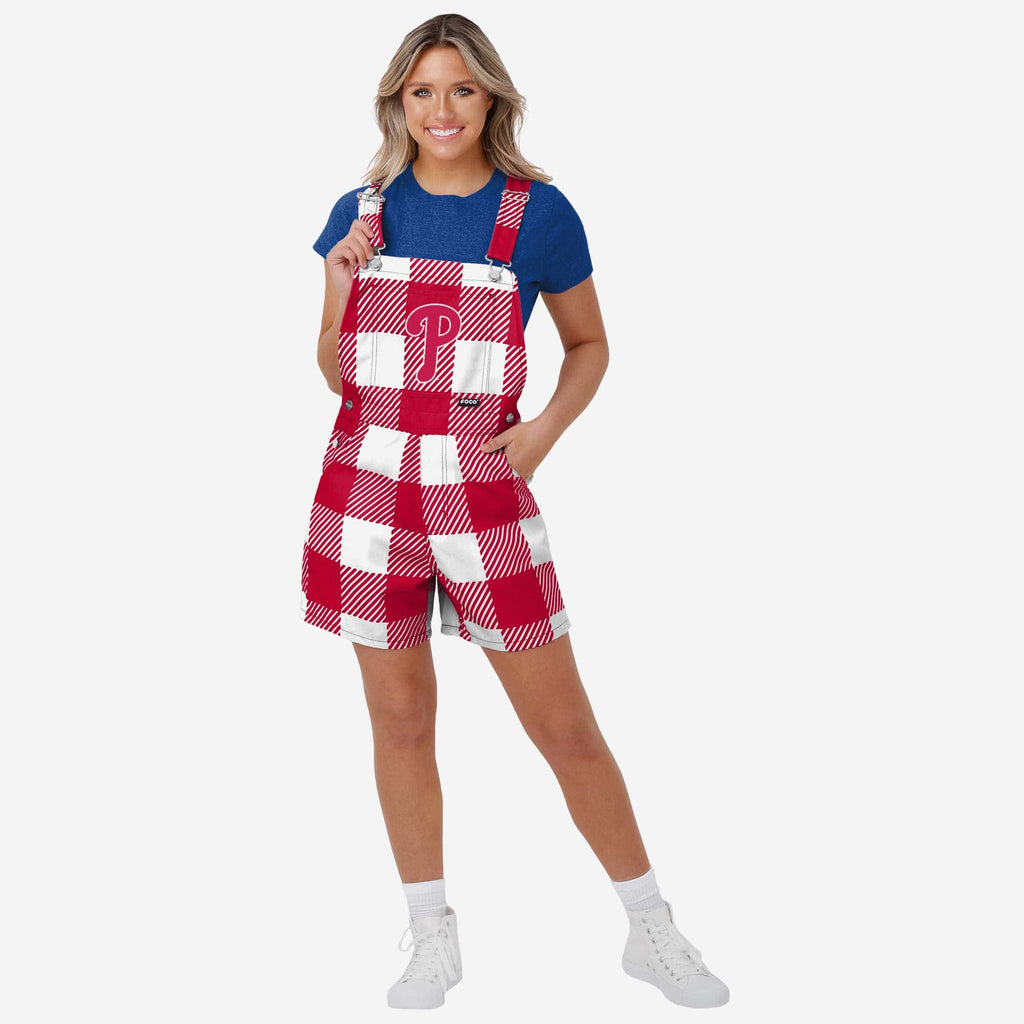 Philadelphia Phillies Womens Plaid Bib Shortalls FOCO XS - FOCO.com