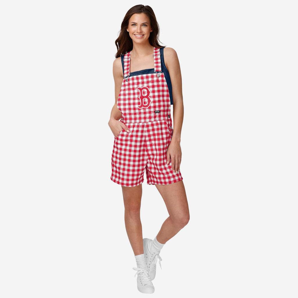 Boston Red Sox Womens Gingham Check Bib Shortalls FOCO XS - FOCO.com