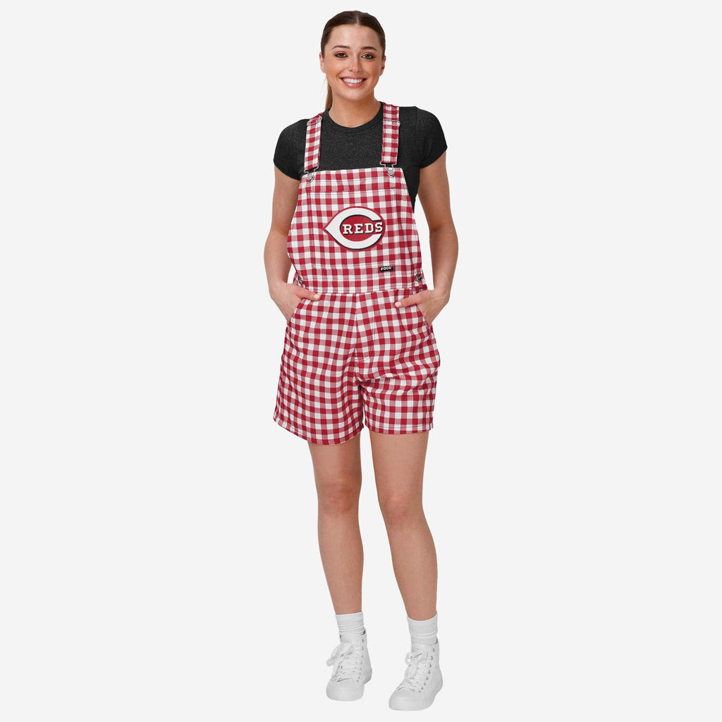 Cincinnati Reds Womens Gingham Check Bib Shortalls FOCO XS - FOCO.com