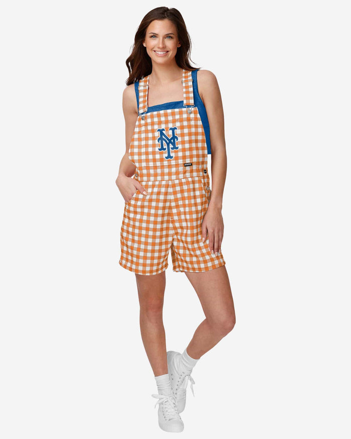 New York Mets Womens Gingham Check Bib Shortalls FOCO XS - FOCO.com