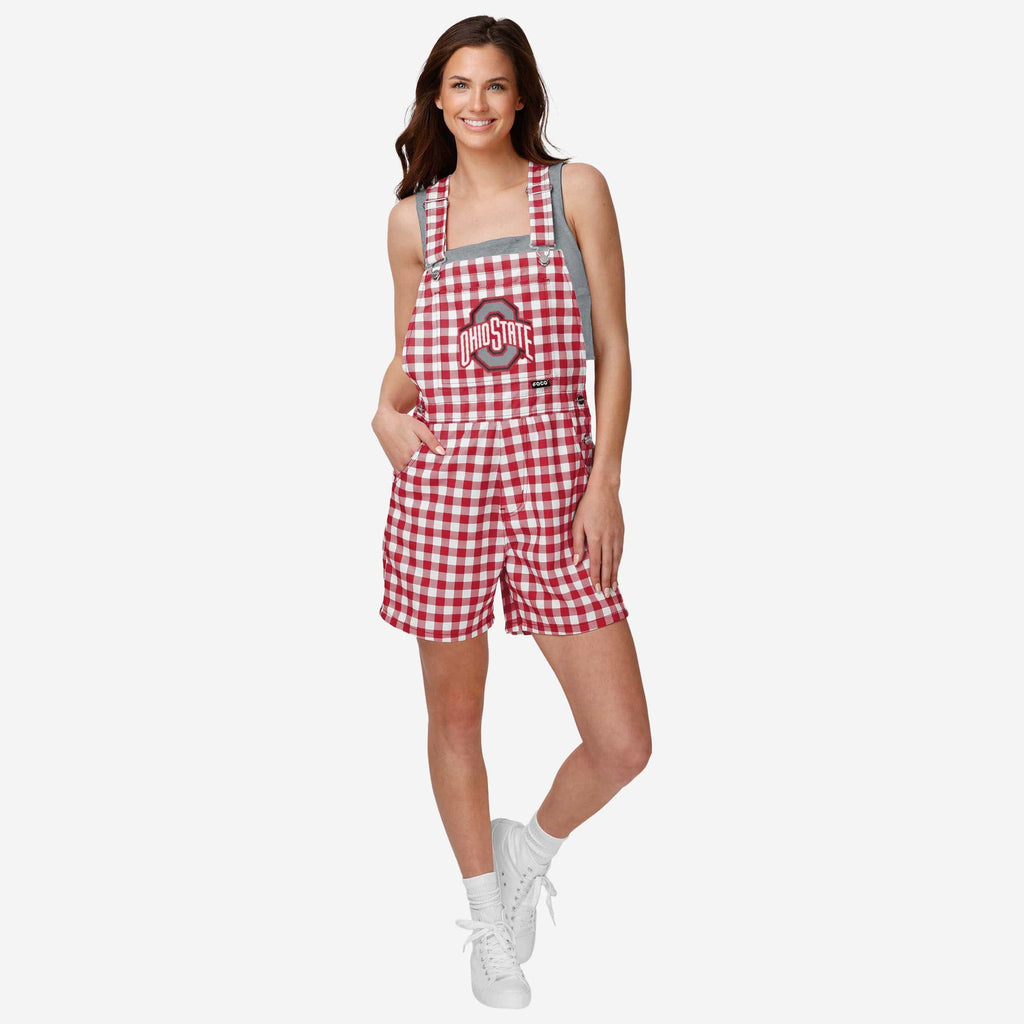 Ohio State Buckeyes Womens Gingham Check Bib Shortalls FOCO XS - FOCO.com