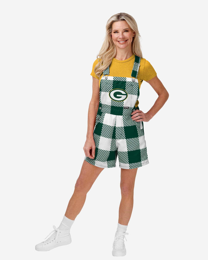 Green Bay Packers Womens Plaid Bib Shortalls FOCO XS - FOCO.com