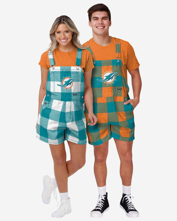 Miami Dolphins Womens Plaid Bib Shortalls FOCO - FOCO.com