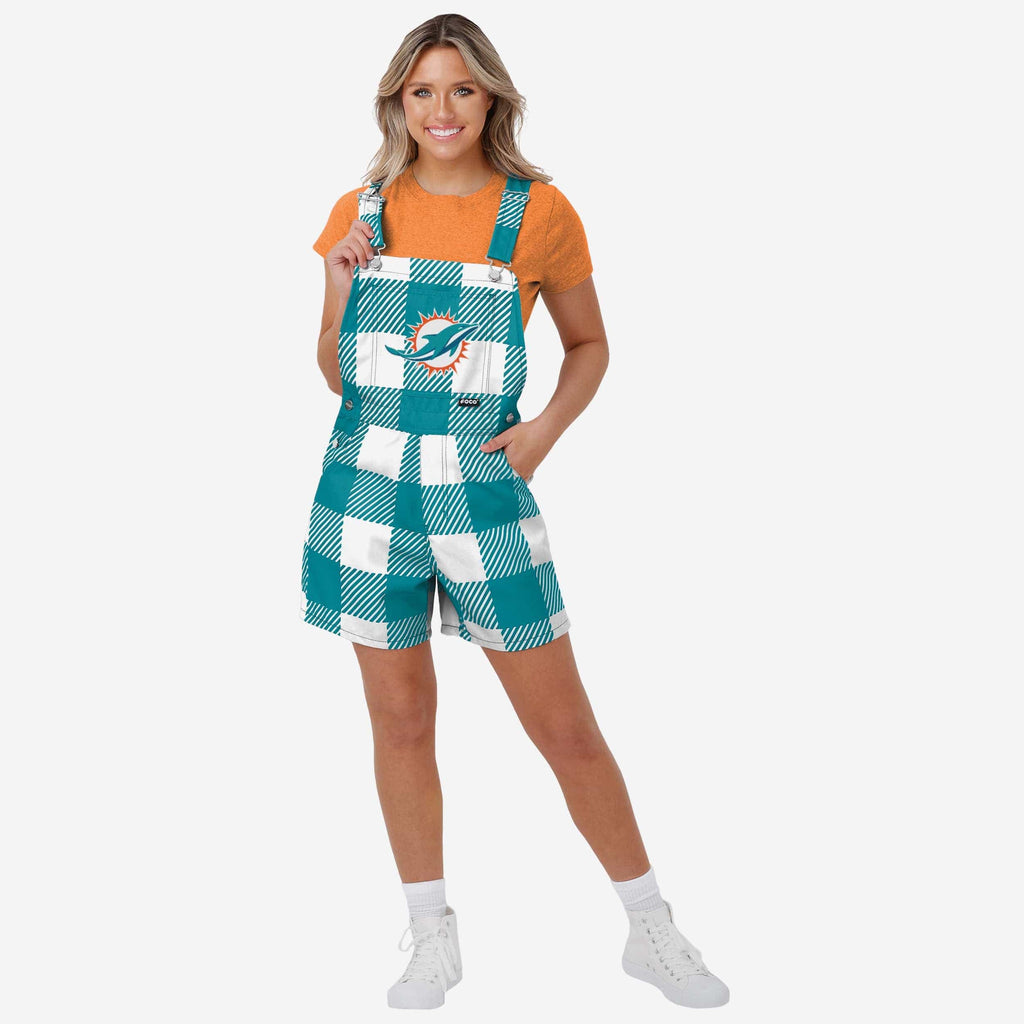 Miami Dolphins Womens Plaid Bib Shortalls FOCO XS - FOCO.com