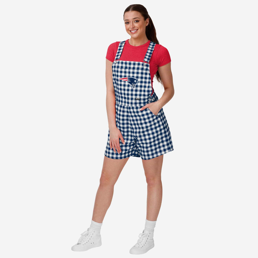 New England Patriots Womens Gingham Check Bib Shortalls FOCO XS - FOCO.com