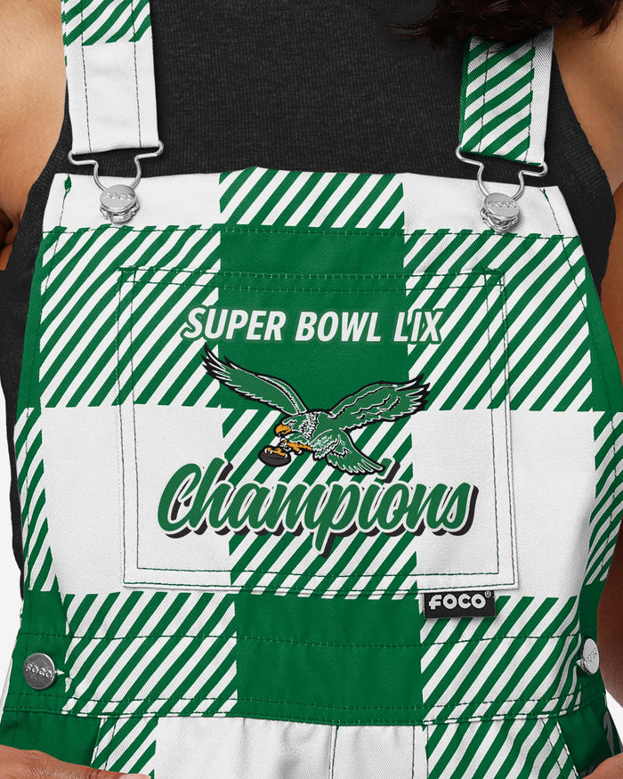 Philadelphia Eagles Super Bowl LIX Champions Kelly Green Womens Plaid Bib Shortalls FOCO - FOCO.com