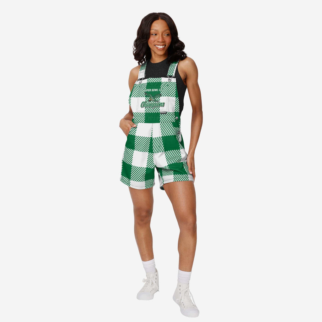 Philadelphia Eagles Super Bowl LIX Champions Kelly Green Womens Plaid Bib Shortalls FOCO XS - FOCO.com