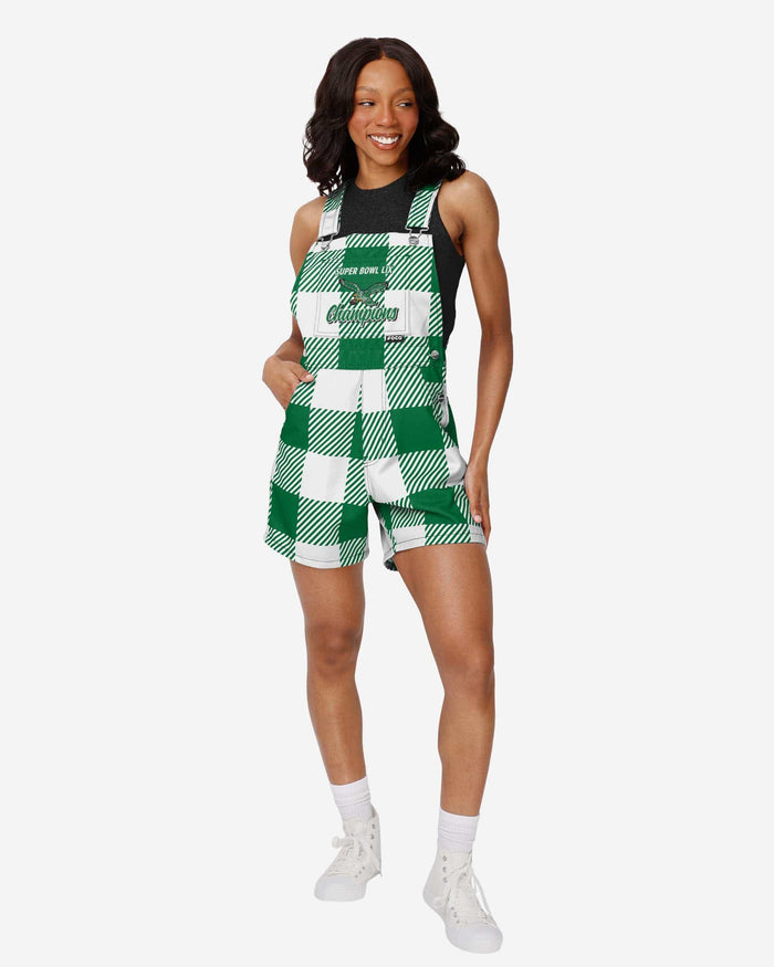 Philadelphia Eagles Super Bowl LIX Champions Kelly Green Womens Plaid Bib Shortalls FOCO XS - FOCO.com