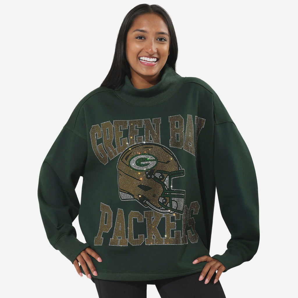Green Bay Packers Rhinestone Logo Mock Neck Oversized Sweater FOCO S - FOCO.com