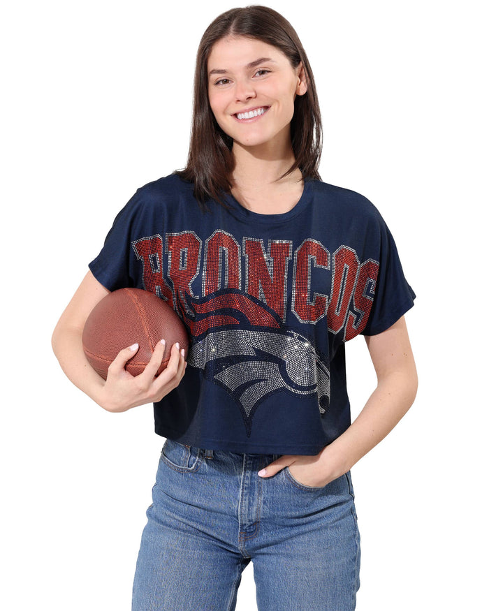 Denver Broncos Big Wordmark Rhinestone Crop Top FOCO S - FOCO.com