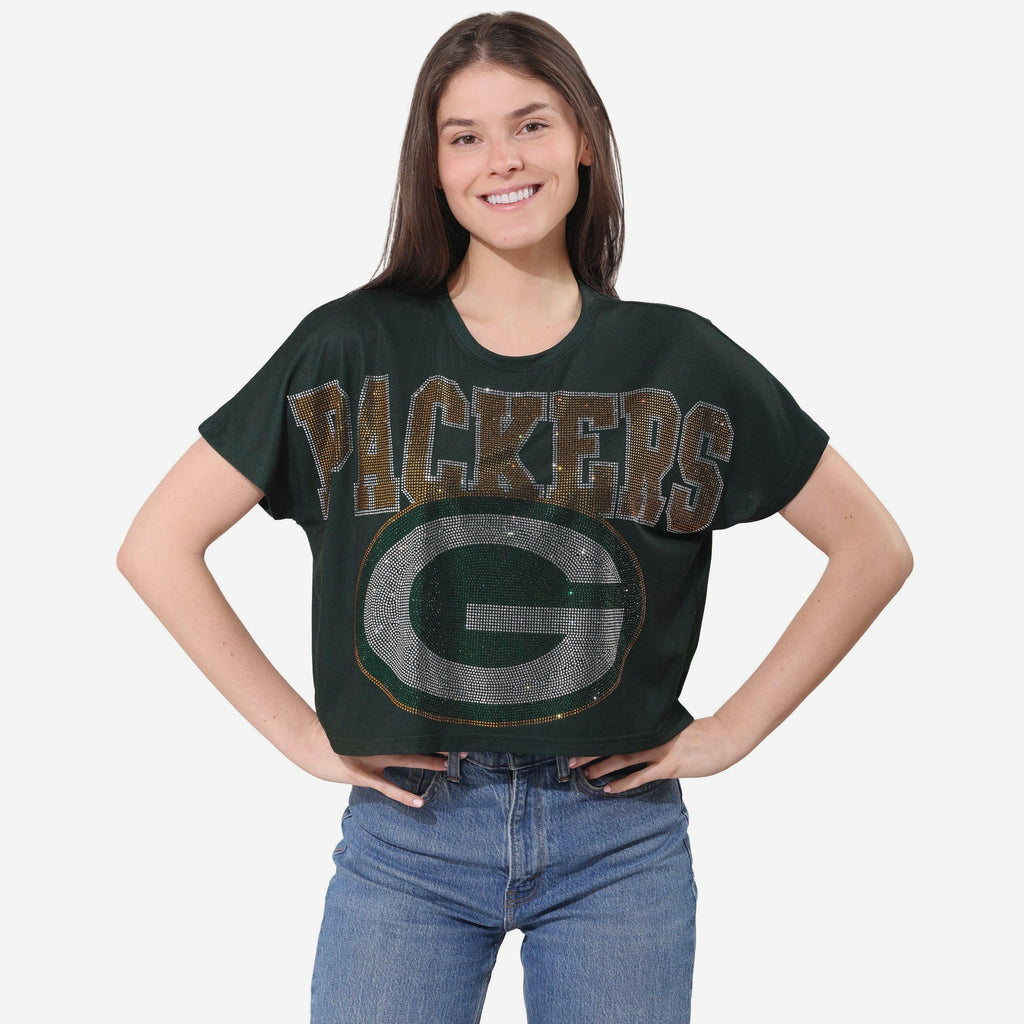 Green Bay Packers Big Wordmark Rhinestone Crop Top FOCO S - FOCO.com