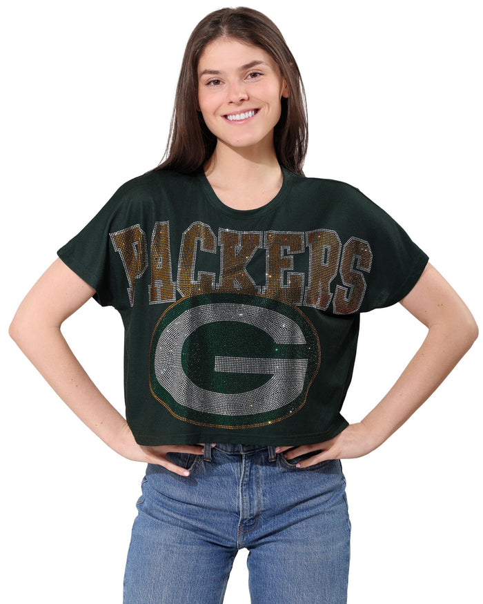 Green Bay Packers Big Wordmark Rhinestone Crop Top FOCO S - FOCO.com