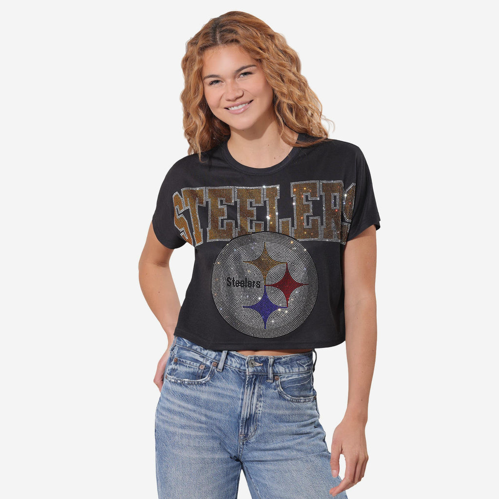 Pittsburgh Steelers Big Wordmark Rhinestone Crop Top FOCO S - FOCO.com