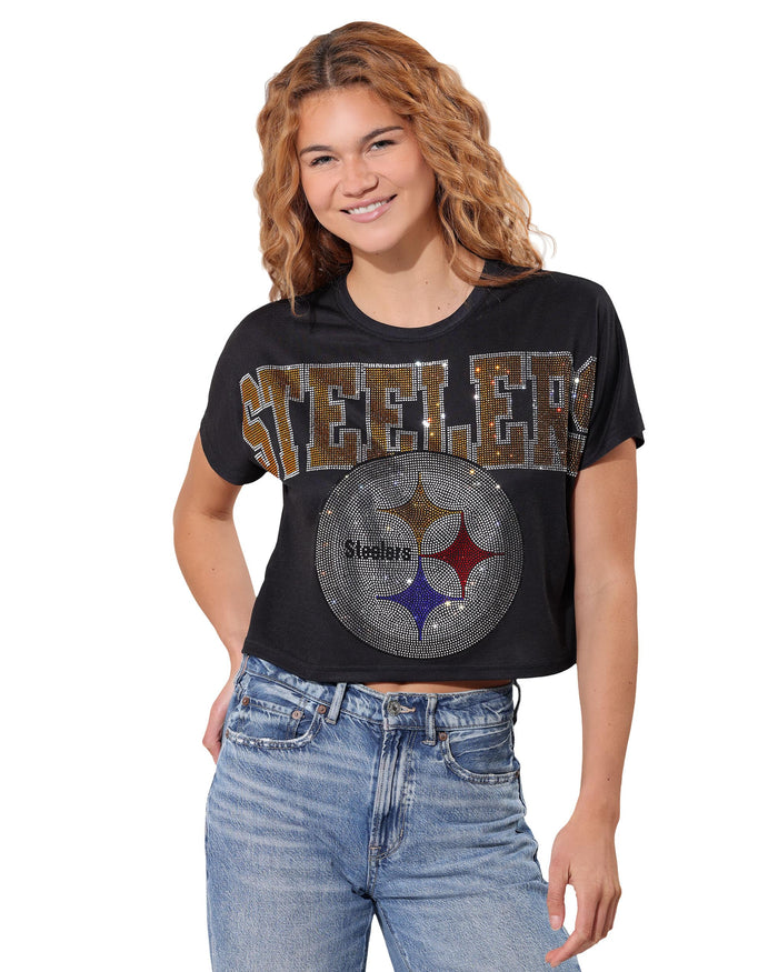 Pittsburgh Steelers Big Wordmark Rhinestone Crop Top FOCO S - FOCO.com