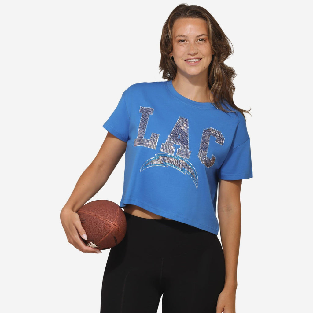 Los Angeles Chargers Womens Rhinestone Logo Crop Top FOCO S - FOCO.com