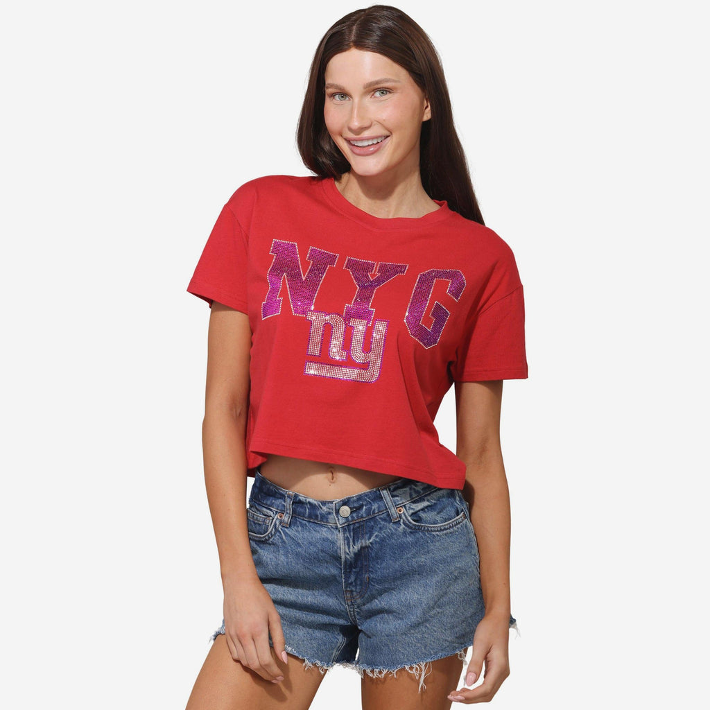 New York Giants Womens Rhinestone Logo Crop Top FOCO S - FOCO.com